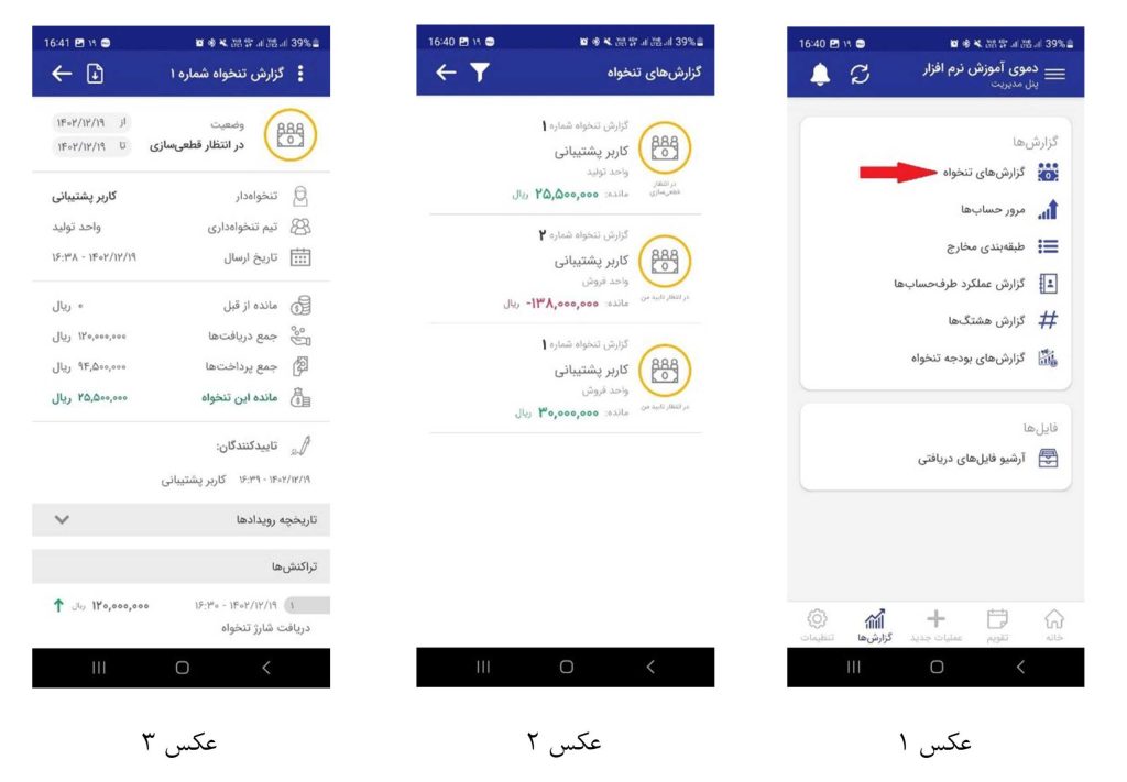 صفحه‌ی گوشی از گزارش مرور حساب پنل مدیریت - سری اول